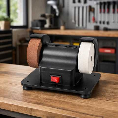 Top Shelf Twin Wheel Bench Grinder With Straightforward Rocker Switch Heavy Duty Electric Edger on wooden workbench.