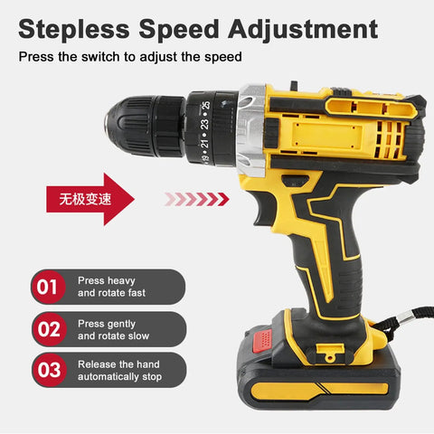 Pro Grade 21V Cordless Electric Drill Driver Kit With Two 1200 mAh Lithium Batteries And Multi Speed Settings featuring stepless speed adjustment.