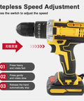 Heavy Duty Cordless Electric Drill Kit Loaded With Dual 21V Lithium Batteries Straight Up Variable Speed Control close-up view of speed adjustment features.