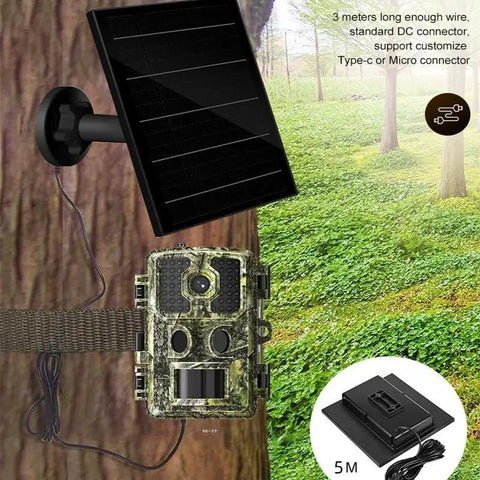 Zero Fuss Trail Camera Solar Panel With Built In 5000Mah Battery Fits 5V 6V 9V 12V Game Cameras mounted on a tree.