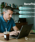 Man using laptop in office with text: Benefits - Memory & Brain Health, Calm & Stress Support, Focus & Mental Clarity