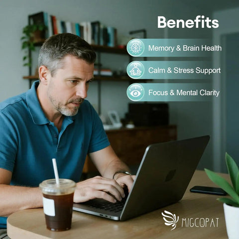 Man using laptop in office with text: Benefits - Memory & Brain Health, Calm & Stress Support, Focus & Mental Clarity