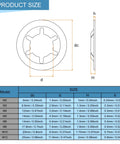 Diagram showing dimensions of 180 Piece Internal Tooth Lock Washer Assortment Kit with eight metric sizes in 65Mn steel.