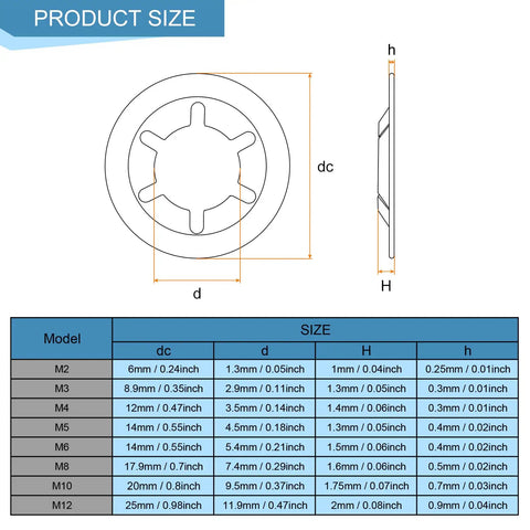 Diagram showing dimensions of 180 Piece Internal Tooth Lock Washer Assortment Kit with eight metric sizes in 65Mn steel.