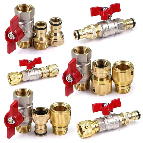Half Inch Brass Ball Valve Hose Adapter With 16mm Quick Connector For Garden Irrigation And Watering Fittings Extender Coupling Joint Easy Install Ideal For DIY Garden Projects And Quick Watering Setup On Any Hose System, brass and red valve