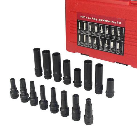 Zero Sweat 16 Piece Locking Lug Nut Master Key Set Cracks Tough Wheel Locks includes black lug nut removal sockets.