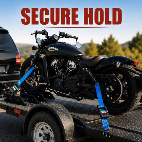 Kickass Grip Retractable Tie Down Straps With Smooth Butter Rewind For Zero Slap Back Mess One Inch By Ten Foot Haul Ready Cargo Belts securing a motorcycle on a trailer.