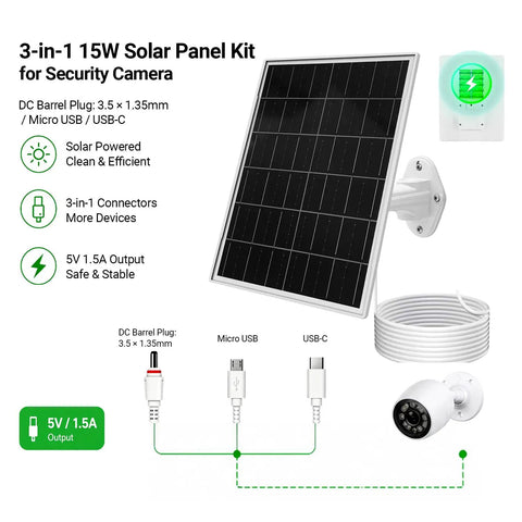 3-in-1 15W Solar Panel Kit for Security Camera with connectors for various devices and indicator for charging status.