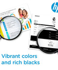 HP printed documents showing vibrant colors and sharp black text with magnifying glasses highlighting details.