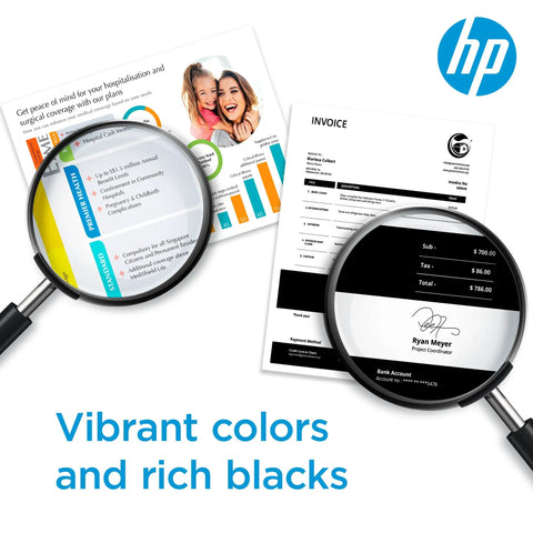 HP printed documents showing vibrant colors and sharp black text with magnifying glasses highlighting details.