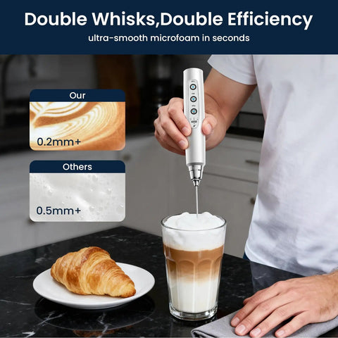Rechargeable Milk Frother Handheld With 3 Speeds, A Real Go To For Latte Cappuccino Matcha And Egg Foams making foam in glass