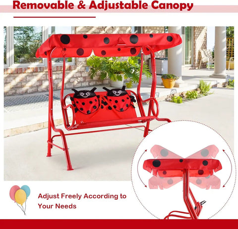 Red Two Seat Porch Swing With Adjustable Canopy And Stand, Kid Friendly Outdoor Swing Bench For Backyard Garden Or Poolside