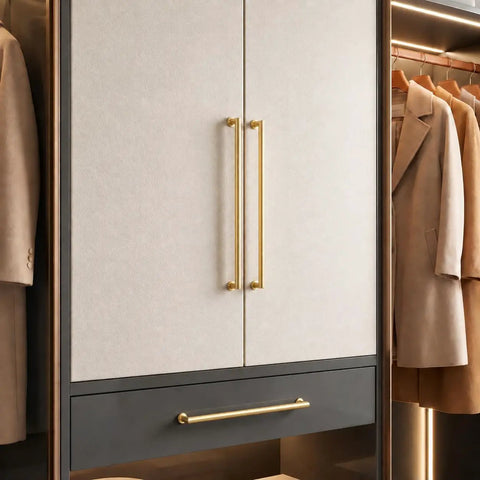 2 Pack Of 6 Inch Matte Gold Cabinet Pulls With Brushed Satin Finish For Kitchen Cabinets And Bathroom Drawers featuring cabinetry.