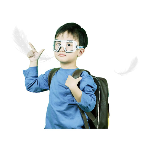 Ultra Lightweight Kids Safety Glasses With Hella Comfortable Anti Fog Lenses For Crystal Clear Vision During Outdoor Play And School Crafts 12 Piece Pack For Active Youth worn by a boy with a backpack, showing a confident pose.