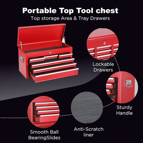 Rock Solid Heavy Duty Steel Tool Chest With 8 Deep Drawers And Rollin Locking Wheels Detachable Top Liner side view with open lid and smooth ball bearing drawers.