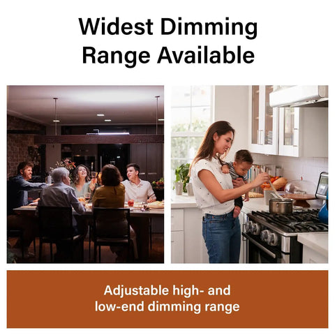 Pro Level 150 Watt Toggle LED Dimmer Switch For Smooth Flicker Free Lighting And Big Time Brightness Control With Slick Brown Wall Plate And Zero Fuss Setup shown in modern kitchen with family.