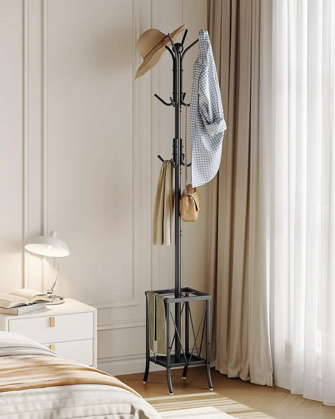 Freestanding Coat Rack With Umbrella Holder And Twelve Hooks, Entryway Hanger Stand in black metal, in living room corner