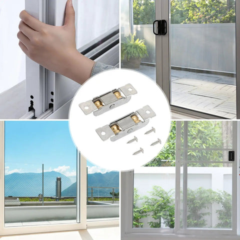 Heavy Duty Sliding Window Roller With Dual Copper Wheels And Stainless Steel Construction For Effortless Patio Door Slide No Sweat To Replace And Built Like A Tank, shown installed with a hand on the sliding track.