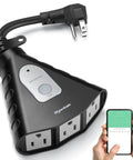 Badass Weather Resistant Smart Outdoor WiFi Plug With Three Heavy Duty Grounded Jacks, control panel, and smartphone app.