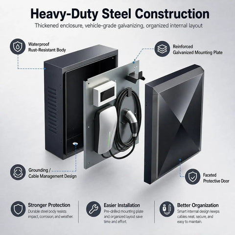 Lockable Outdoor Charger Enclosure Box Built From Heavy Duty Steel With Weatherproof Charging Station Cover For Electric Vehicles showing steel construction.