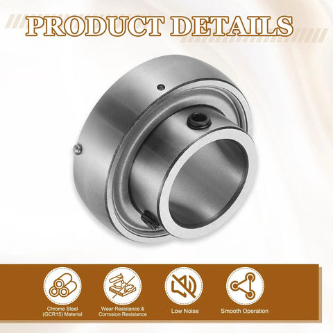 Heavy Duty Spherical Insert Bearings Two Piece Chrome Steel Units One Inch Bore With Eccentric Lock Setup Built Damn Tough For Farm Equipment Delivering Boss Level Wear Resistance And Ridiculously Slick Operation, close-up view of chrome steel housing.
