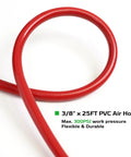 Close-up of 3/8 Inch By 25 Foot PVC Air Hose, flexible red hose with max 300 PSI pressure rating, detailed texture visible.