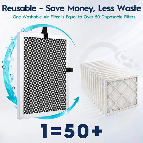 Top Drawer MERV 8 Electrostatic Reusable Air Filter 16x30x1 shown alongside 50 disposable filters comparison.