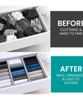 Deep Dresser Drawer Organizers 4 Pack Slick Fabric Closet Bins That Clean Up Messy Bedrooms Fits Like A Glove Game Changer Bedroom Setup No More Chaos Or Clutter Ever, before and after organizing.
