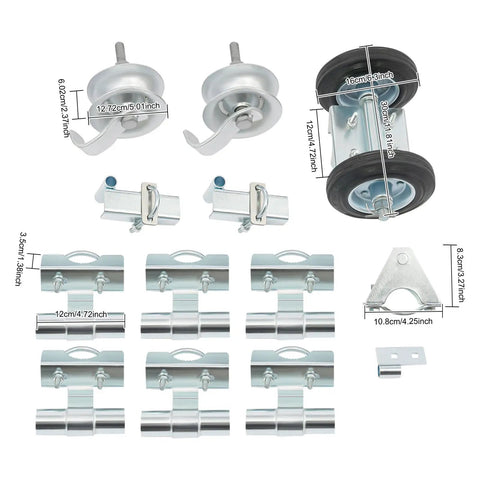 Built Like A Tank Sliding Door Roller Set Featuring Rock Solid Galvanized Steel Wheels And Damped Carriers, parts layout with dimensions.
