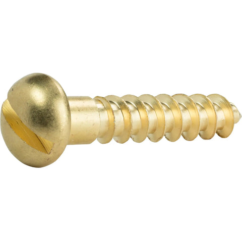 Top Shelf Heavy Duty Solid Brass Wood Screws featuring round head slotted drive, 1 inch long, designed for carpentry.