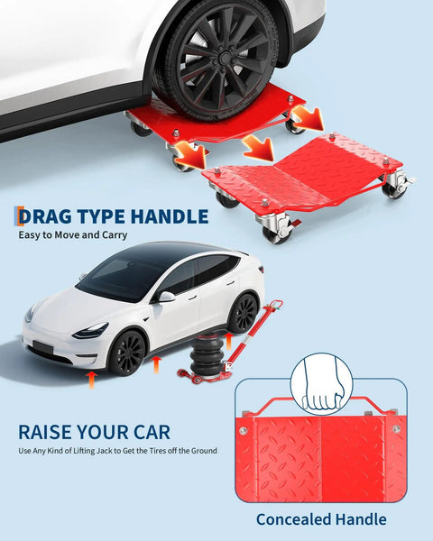 Beefy Heavy Duty Car Wheel Dollies With Built In Brakes, Tank Solid Steel Frame For No Sweat Moving, Set Of Four Locking Swivel Casters Holding Six Thousand Pounds Total Load For Cars Trucks Motorcycles under vehicle tire for easy movement.