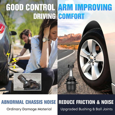 Rock Solid Front Control Arm And Lower Upper Suspension Kit Pull Up And Bolt Right In For Smooth Cruising Upgrade On Rwd Chargers 300s Challengers And Magnums 14 Piece Heavy Duty Replacement Set displayed with car parts and driving scenes.