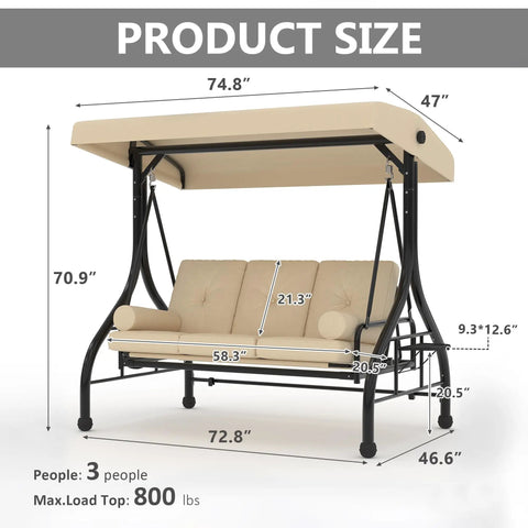 Three Seat Outdoor Porch Swing With Adjustable Canopy And Stand Heavy Duty Patio Swing For Adults Up To Eight Hundred Pounds Cup Holder Tray Included UV Resistant Shade Fabric Khaki Garden Swing For Yard Or Patio, dimensions displayed with khaki fabric cover and black steel frame