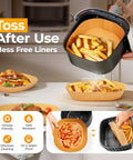 Image of 125 Pcs 8 Inch Square Air Fryer Liners Disposable Parchment Paper Nonstick Cooking Mats used for crispy fries.