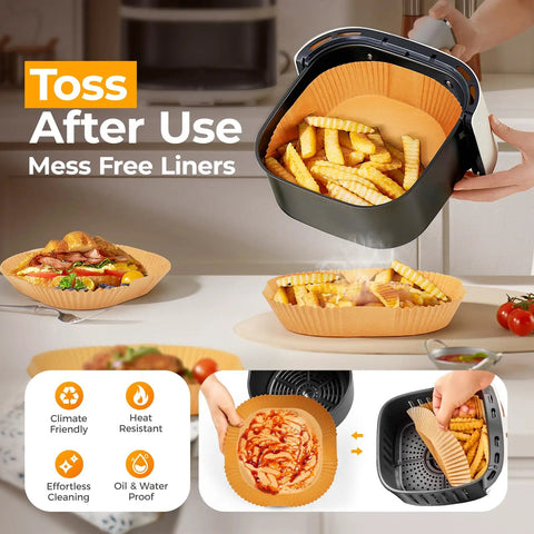 Image of 125 Pcs 8 Inch Square Air Fryer Liners Disposable Parchment Paper Nonstick Cooking Mats used for crispy fries.