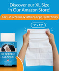 Person holding XL Screen Cleaner sheet, 9" x 12" size, next to package for TV screens and large electronics.