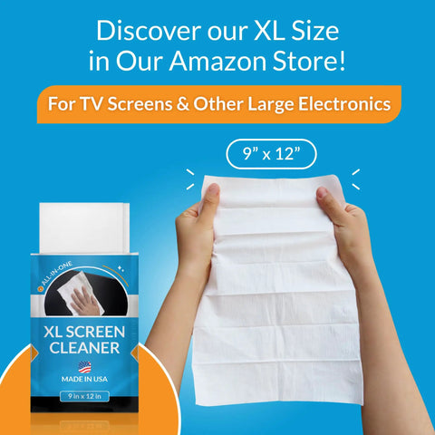 Person holding XL Screen Cleaner sheet, 9" x 12" size, next to package for TV screens and large electronics.