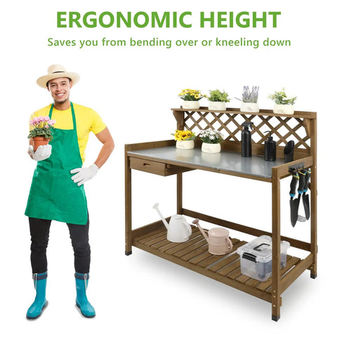 Man standing by Outdoor Fir Wood Potting Bench With Metal Table Top Drawer Large Bottom Shelf And Open Shelf Garden Work Station