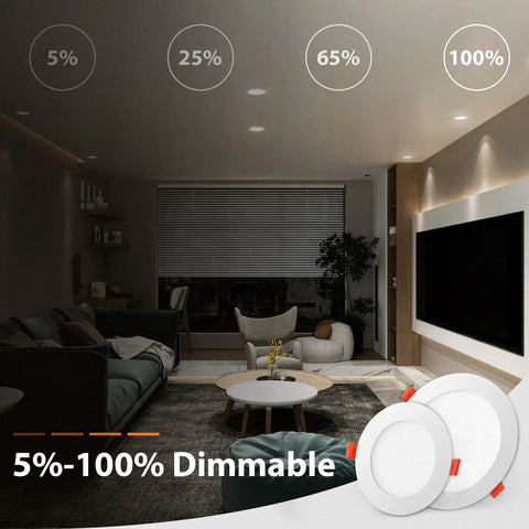 Living room with Six Pack 4 Inch Dimmable LED Recessed Downlights, showing dimming levels from 5% to 100% with minimal glare.