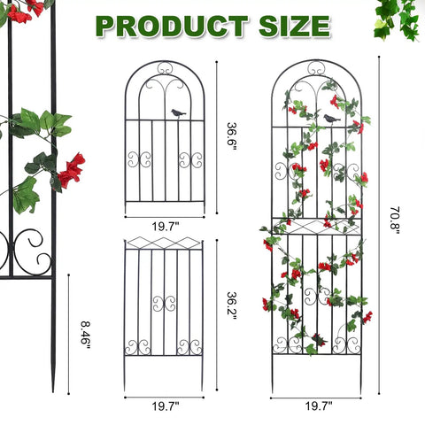 Sturdy 2 Pack Garden Trellis Set, 70.8 Inch Tall Metal Plant Support With Black Powder Coat, lattice design with climbing flowers.