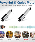 Two silver mini DC electric linear actuators with black end caps, front view.