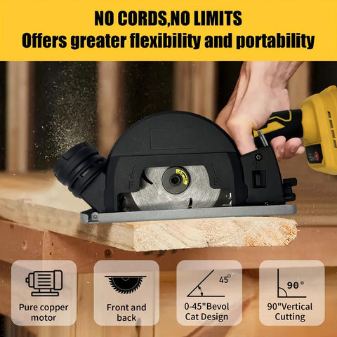 Heavy Duty Circular Saw Packin Serious 20000 RPM High Speed Power And Seamless 4 Speed Control Settings For Precision Cuts on wood.