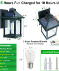 Two Pack Solar Wall Lantern Lights With Motion Sensor Dusk To Dawn Waterproof LED Wall Sconce Exterior Porch Light Fixtures Warm White 3200K Three Lighting Modes For Fence Patio Garage Garden Yard with solar panels and bulb dimensions