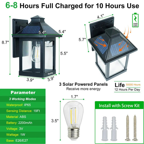 Two Pack Solar Wall Lantern Lights With Motion Sensor Dusk To Dawn Waterproof LED Wall Sconce Exterior Porch Light Fixtures Warm White 3200K Three Lighting Modes For Fence Patio Garage Garden Yard with solar panels and bulb dimensions