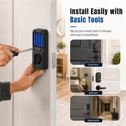 Programmable Electronic Keypad Deadbolt Keyless Entry Door Lock For Bedroom Closet Apartment Hardware Matte Black Finish installed with screwdriver.
