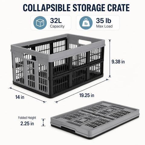 Hella Durable Folding Storage Crate 32L With Grip Handles And Reinforced Bottom Game Changer For Grocery Loads Car Trunk Organizing And Daily Essentials In Stone Gray, dimensions shown.