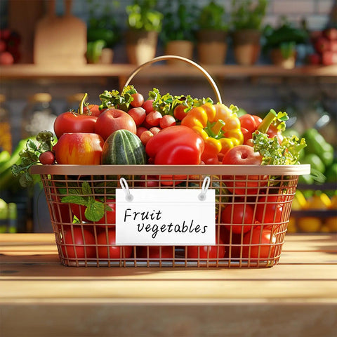 100 Pack Clear Transparent Wire Shelf Label Holders Hella Durable Plastic Snap Tags Sweet Fits Standard Price Tag Cards Straight Up Game Changer For Kitchen Pantry And Retail Market Display with fruits and vegetables in a basket.