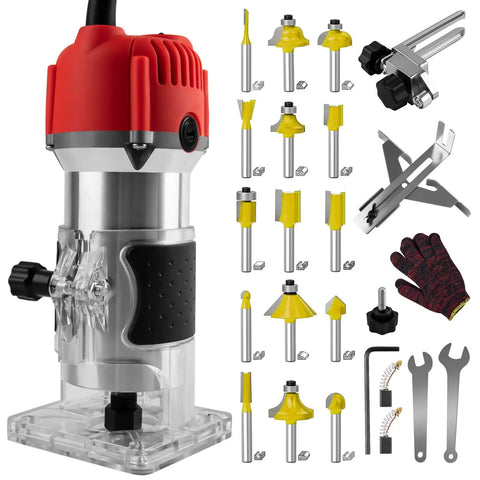 Compact Palm Wood Router Kit 110V 800W Electric Hand Trimmer with clear base, 15 router bits, gloves, and accessories for woodworking