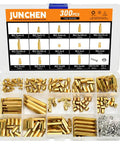Rock Solid M2.5 Hex Brass Standoff Spacers Nuts Screws Kit 300 Pcs organized in transparent case with various sizes for motherboard builds.