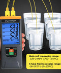 4 Channel Digital K Type Thermocouple Data Logger measuring temperature in glasses display